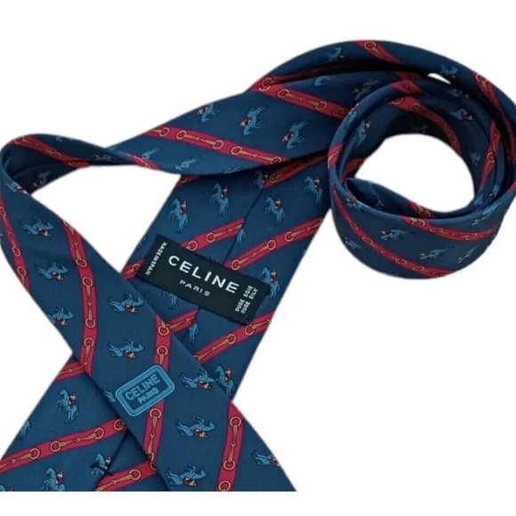 CELINE Blue Equestrian Logo Silk Tie ITALY 60"/ 3.1" EC - Picture 2 of 5